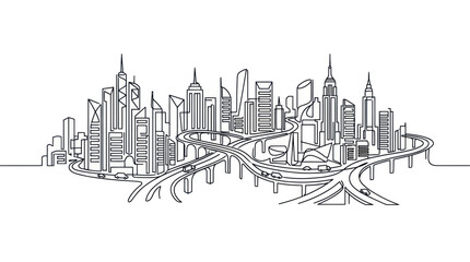 Fototapeta premium Modern Cityscape with Highway Interchange, Line Art Illustration