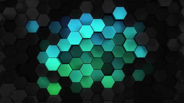 3d render hexagon background. Center hex shapes patterned in a rainbow of colors in a smooth looping movement creating a visual of a dark shadowy motion of repeating colors. 3d rendered loop.