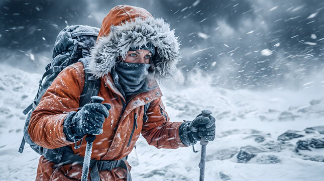 Female mountaineer in orange parka trekking through a fierce blizzard and freezing snow storm on a high altitude mountain peak