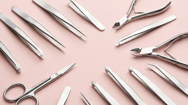 Set of Professional Manicure and Pedicure Tools on Pink Background.