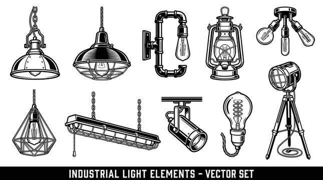 Vintage Industrial Lighting and Lamp Fixtures Vector Elements Set