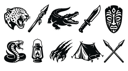 Fototapeta premium Wild Jungle Wildlife and Tribal Survival Tools Vector Collection