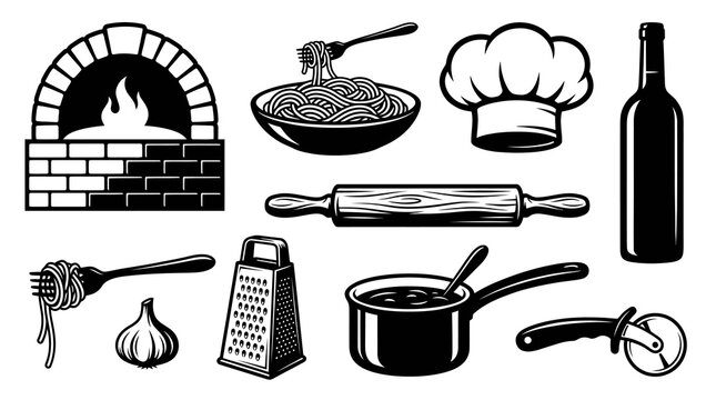 Italian Restaurant Kitchen Utensils and Pasta Cooking Icon Set