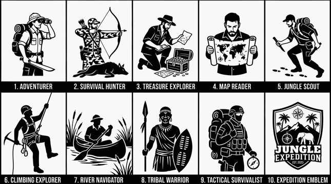 Jungle Expedition Characters and Survival Experts Vector Set