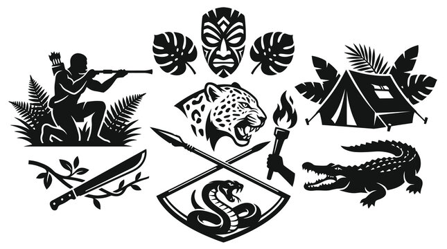 Jungle Survival and Tribal Safari Vector Emblem Set