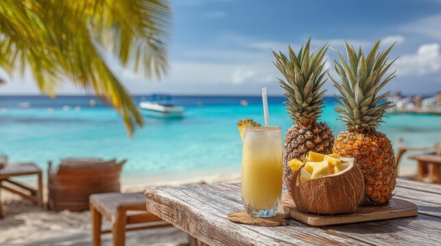 Refreshing Tropical Drinks and Fresh Pineapples on Wooden Table at Beachside with Crystal Clear Ocean and Blue Sky in Background