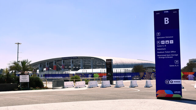 Inglewood, Los Angeles County, California &ndash; June 9, 2026: Exterior view of SoFi Stadium with FIFA World Cup 2026 branding, modern sports and entertainment venue 