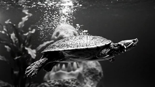 Surreal underwater scene with a turtle swimming past menacing shark-like figures in a dark monochrome environment