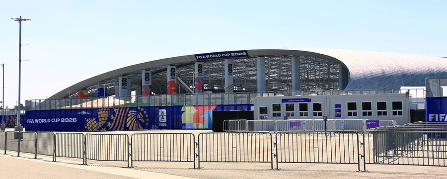 Inglewood, Los Angeles County, California &ndash; June 9, 2026: Exterior view of SoFi Stadium with FIFA World Cup 2026 branding, modern sports and entertainment venue 