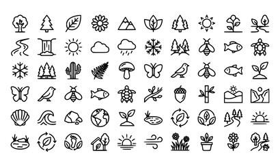 Obraz premium Nature Thin Line Icons Set with Trees Plants Mountains Wildlife and Environmental Outline Symbols
