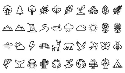 Obraz premium Vector Nature Line Art Icons Pack Featuring Trees Wildlife Landscapes and Eco Elements