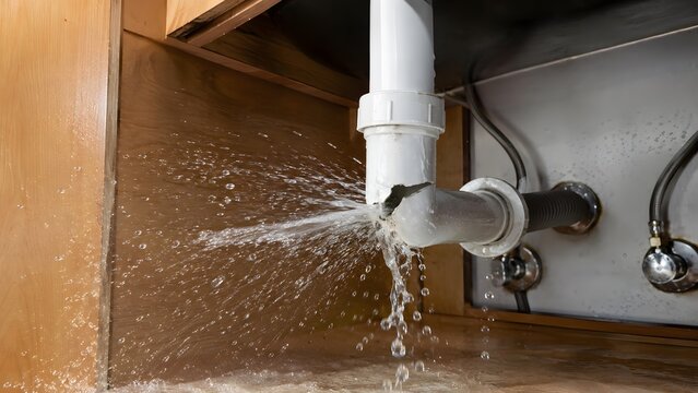 Leaking white drain pipe spraying water under sink
