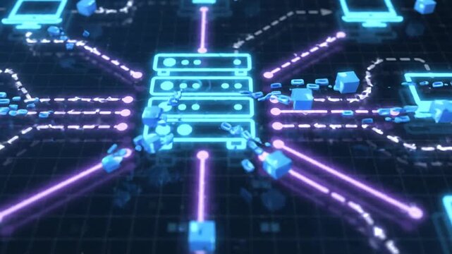 Glowing blue server connecting multiple computers through data lines