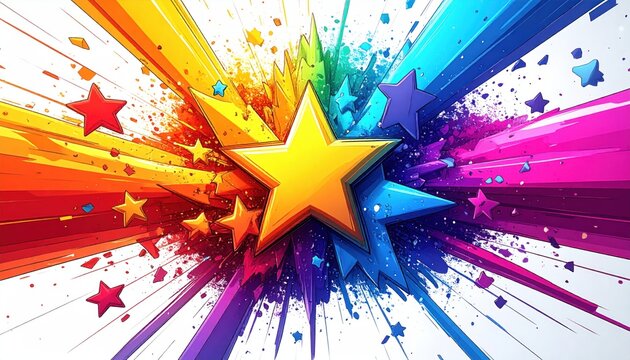 Abstract burst of vibrant colors and stars exploding outwards