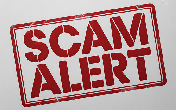 Red scam alert stamp on gray background, warning
