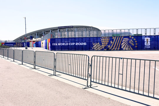 Inglewood, Los Angeles County, California &ndash; June 9, 2026: FIFA World Cup 2026 event branding displayed outside SoFi Stadium in Inglewood, California 