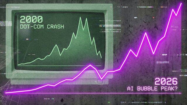 Retro computer monitor displaying a green stock market chart with a bright neon pink trend line and crash text.