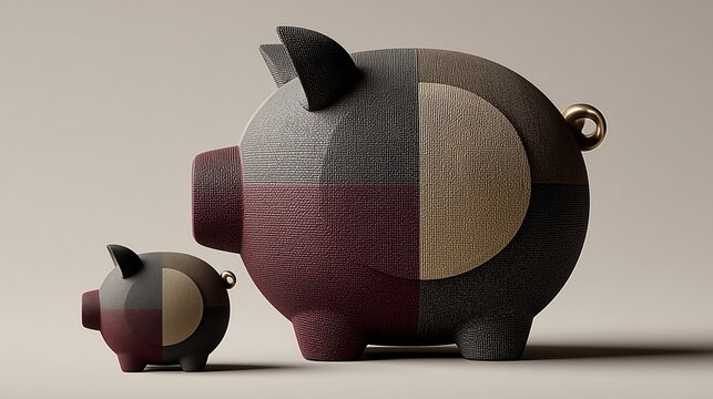 Minimalist 3D render of a piggy bank painted in contrasting dark and light halves.