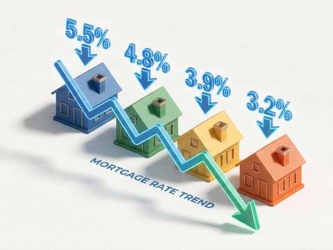 Row of colorful 3D houses with a downward blue arrow and falling percentage rates representing mortgage trends.
