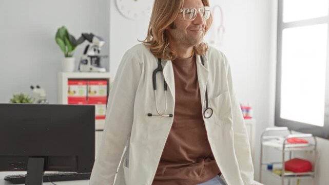 Man with stethoscope and glasses wearing white coat standing with arms crossed near monitor and microscope in building; professional calm reassurance.