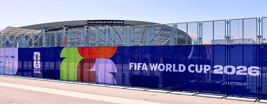 Inglewood, Los Angeles County, California &ndash; June 9, 2026: FIFA World Cup 2026 event branding displayed outside SoFi Stadium in Inglewood, California 