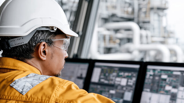Industrial control room monitoring operator in white helmet and safety glasses at plant computer screens