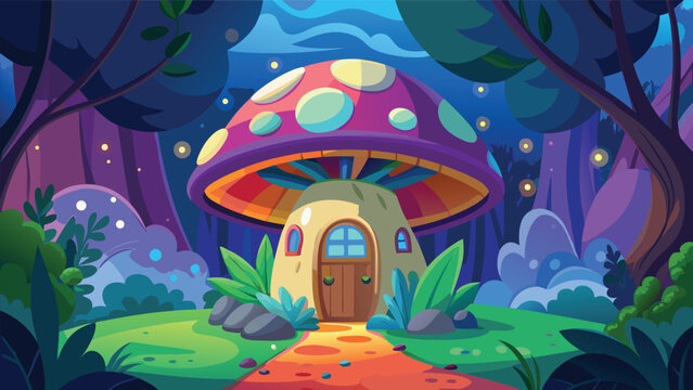 Whimsical mushroom house nestled in a vibrant magical forest at twilight with glowing fireflies