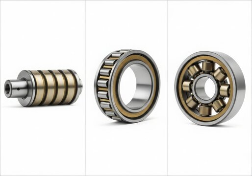 Various types of cylindrical roller bearings displayed against a white background isolated on white background