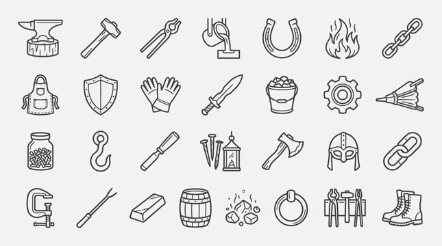 Collection of blacksmithing tools and equipment icons, representing metalworking and craftsmanship.