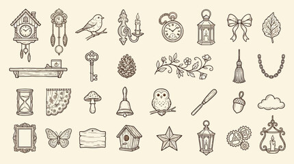 A collection of vintage hand-drawn illustrations featuring various decorative elements and objects. © KN collection