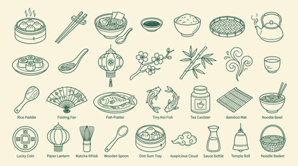 Collection of Traditional Asian Food and Cultural Icons in a Simple Line Art Style. © KN collection