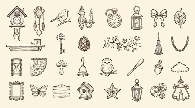 A collection of vintage hand-drawn illustrations featuring various decorative elements and objects.