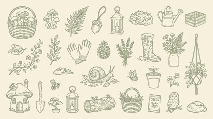Charming Hand-Drawn Garden Elements and Woodland Creatures for Whimsical Designs. © KN collection
