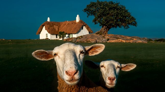Two white sheep standing in green field with house