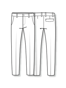 Men Classic Tailored Trousers Set Single Pleat Formal Dress Slacks Fashion Flat Sketch Fashion Template Technical Drawing Vector Illustration Front and Back View