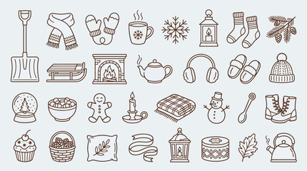 Obraz premium Collection of winter and cozy season icons in a simple line art style.