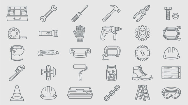Collection of various tools and equipment for construction and repair work, presented as line art icons on a gray background.