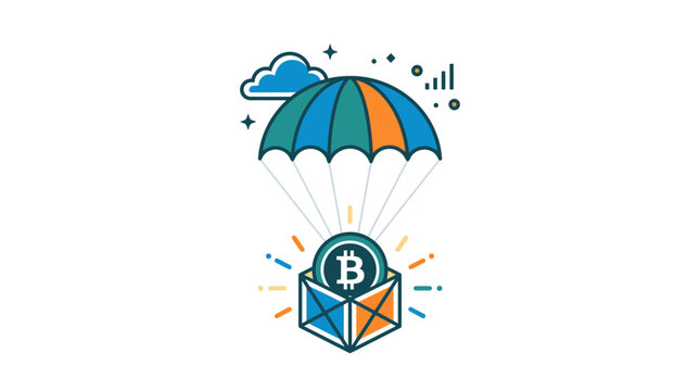 Bitcoin crypto airdrop concept with parachute and package.