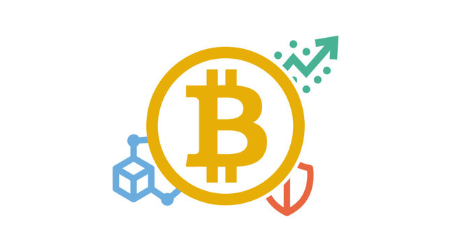 Bitcoin logo with financial growth chart and security icons.