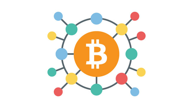 Bitcoin logo surrounded by a colorful network of interconnected nodes.