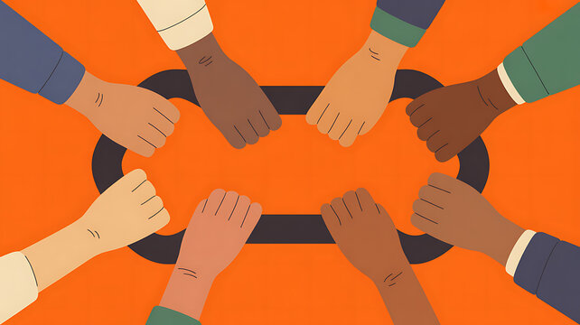 Diverse hands holding a chain link, unity and teamwork concept, orange background, cooperation