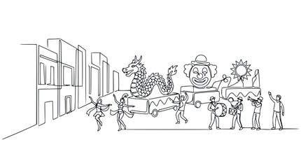 Obraz premium Continuous Line Drawing of a Festive Parade with Dragon Float and Clown