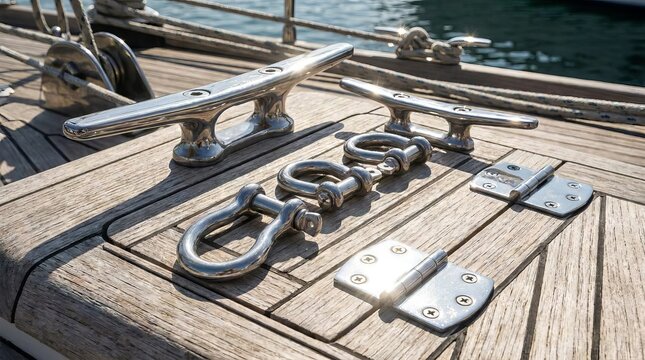 Shiny stainless steel boat deck hardware and cleats on teak wood.