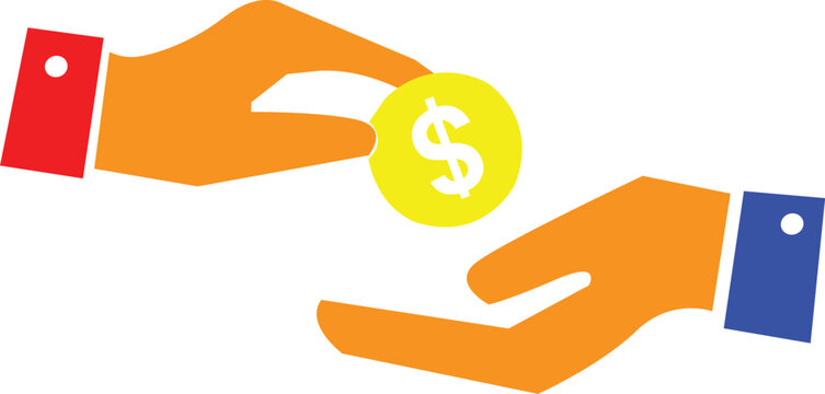 Flat vector icon of hand passing dollar coin to another hand, symbolizing transaction, payment, donation or bribe
