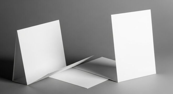 Three white standing cards on gray background white cards table cards blank cards