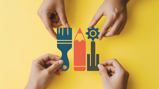 Four hands holding colorful paper cutouts of supplies on yellow background, paintbrush pencil