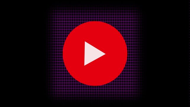 Video player button icon animation with purple grid background.4K video
