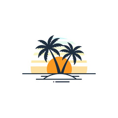 Fototapeta premium Minimalist Tropical Island Illustration with Palm Trees and Sunset over the Ocean for Summer Travel Logo
