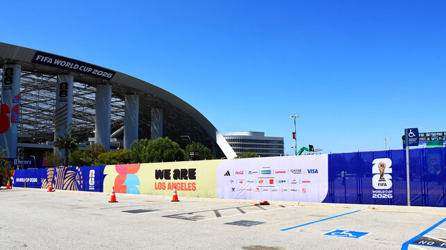 Inglewood, Los Angeles County, California &ndash; June 9, 2026: FIFA World Cup 2026 event branding displayed outside SoFi Stadium in Inglewood, California 