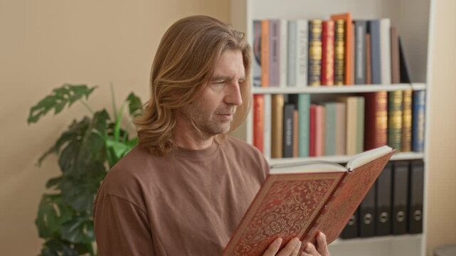Man holding ornate hardcover book with fingers on pages, standing and reading in a home study lined with bookshelves and binders; contemplation.